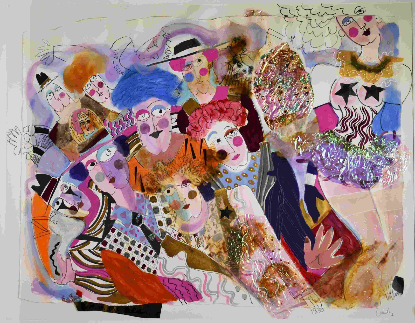 Jorge Gonzalez, (Spanish) Carnival Painting: Jorge Gonzalez (Spanish) Mixed Media acrylic on canvas painting of carnival goers. Acrylic paint, paper and cellophane on canvas. Signed on lower right hand corner by the artist. Excellent condition.