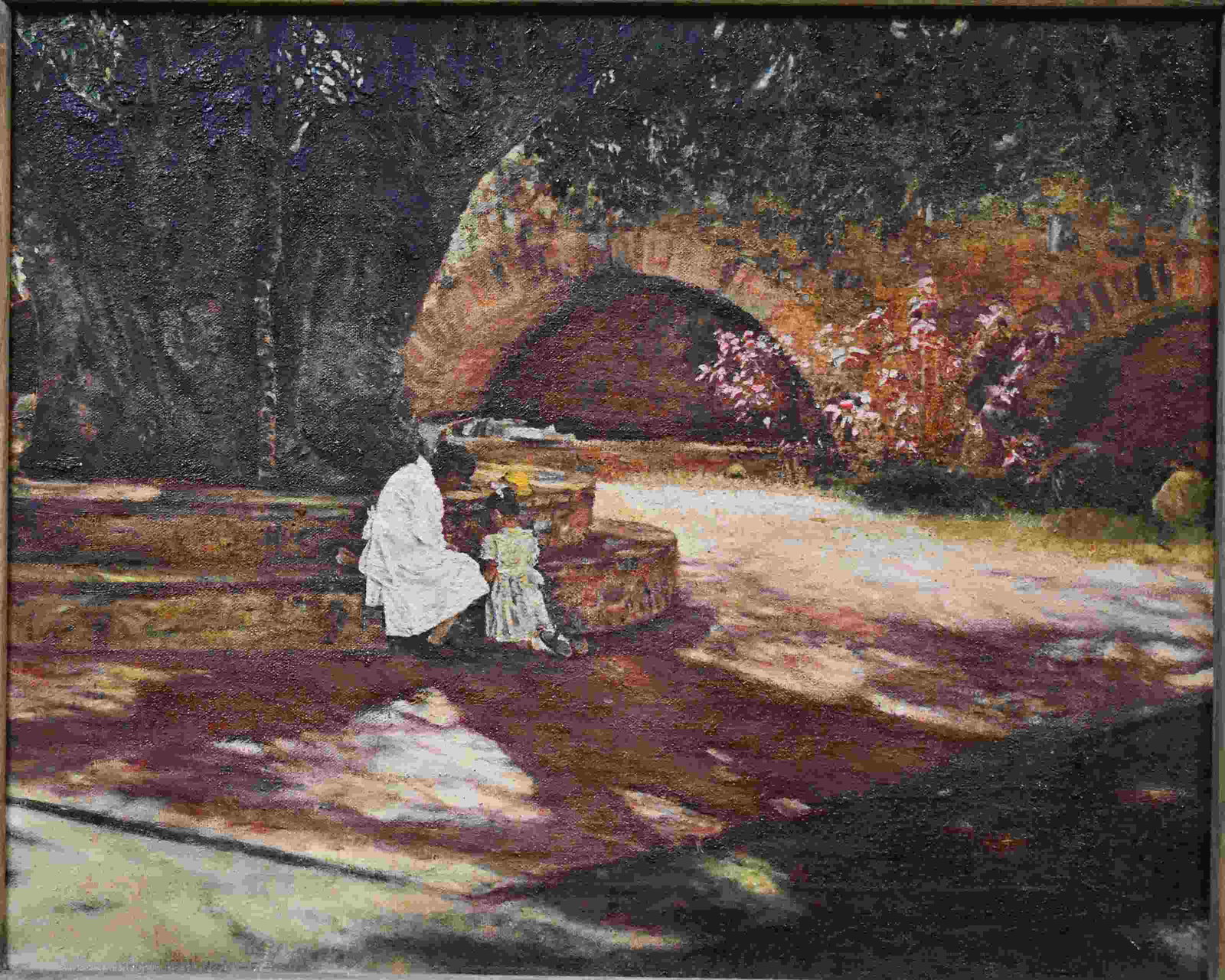 Antique Painting Mother w Daughter in Garden (1 of 5)