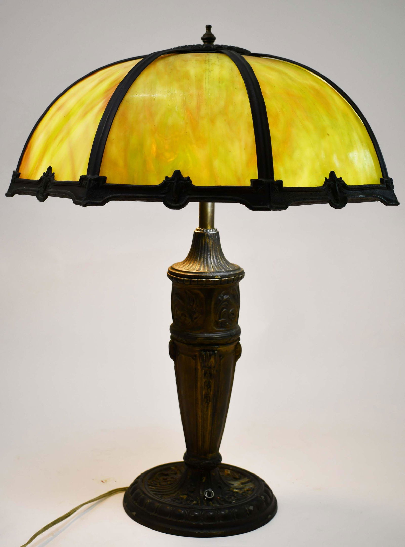 Art Nouveau Green Slag Glass Table Lamp w Urn Base (1 of 5)