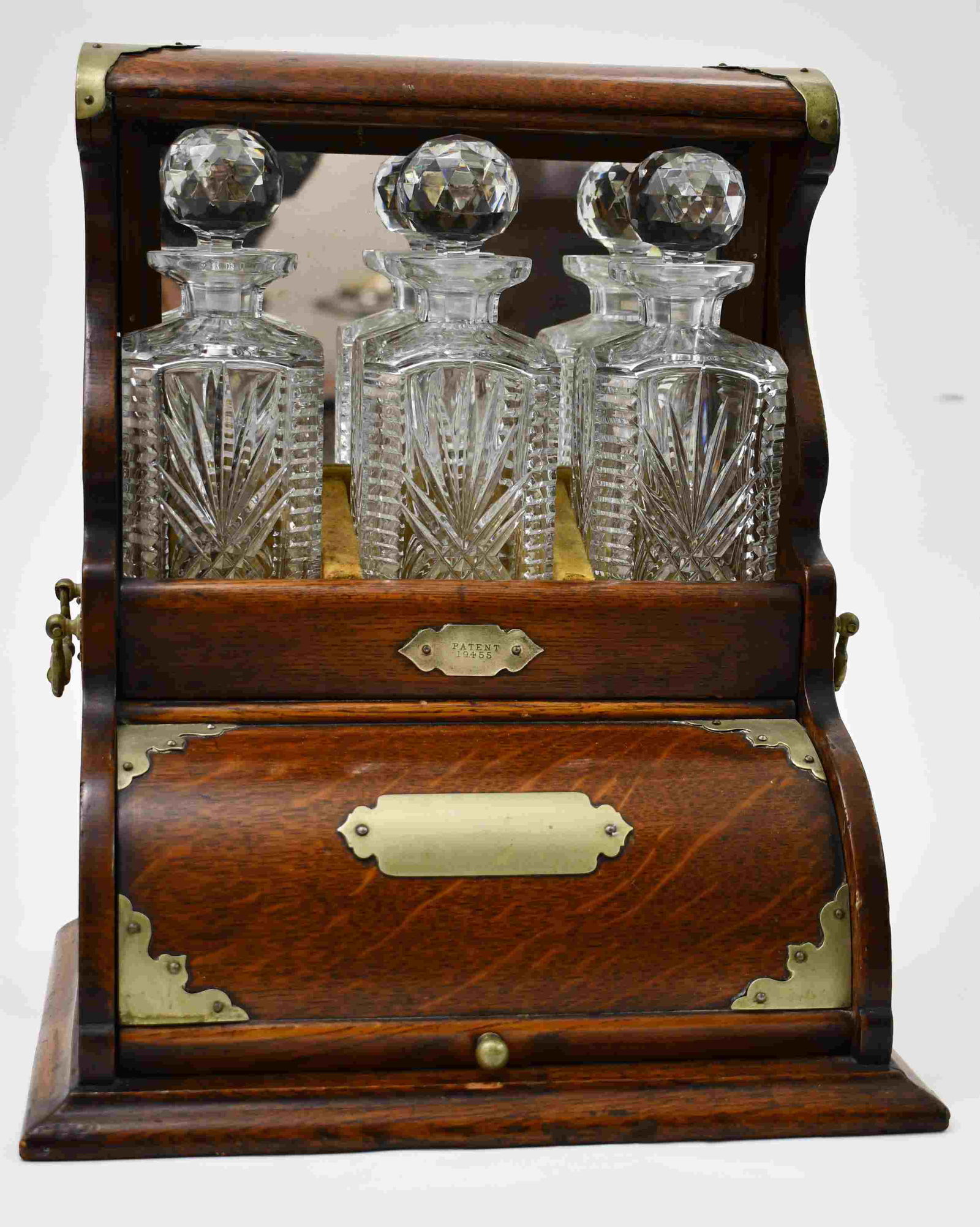 19c English 3-Decanter Oak Tantalus w Compartment (1 of 11)