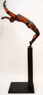 David Bennett (Oregon b1941) Sculpture "Acrobat": David Bennett (Oregon b1941) Human figural bronze and glass sculpture titled "Acrobat". Bronze framed male figure with internal blown glass body positioned on a steel plinth. Figure is doing a back