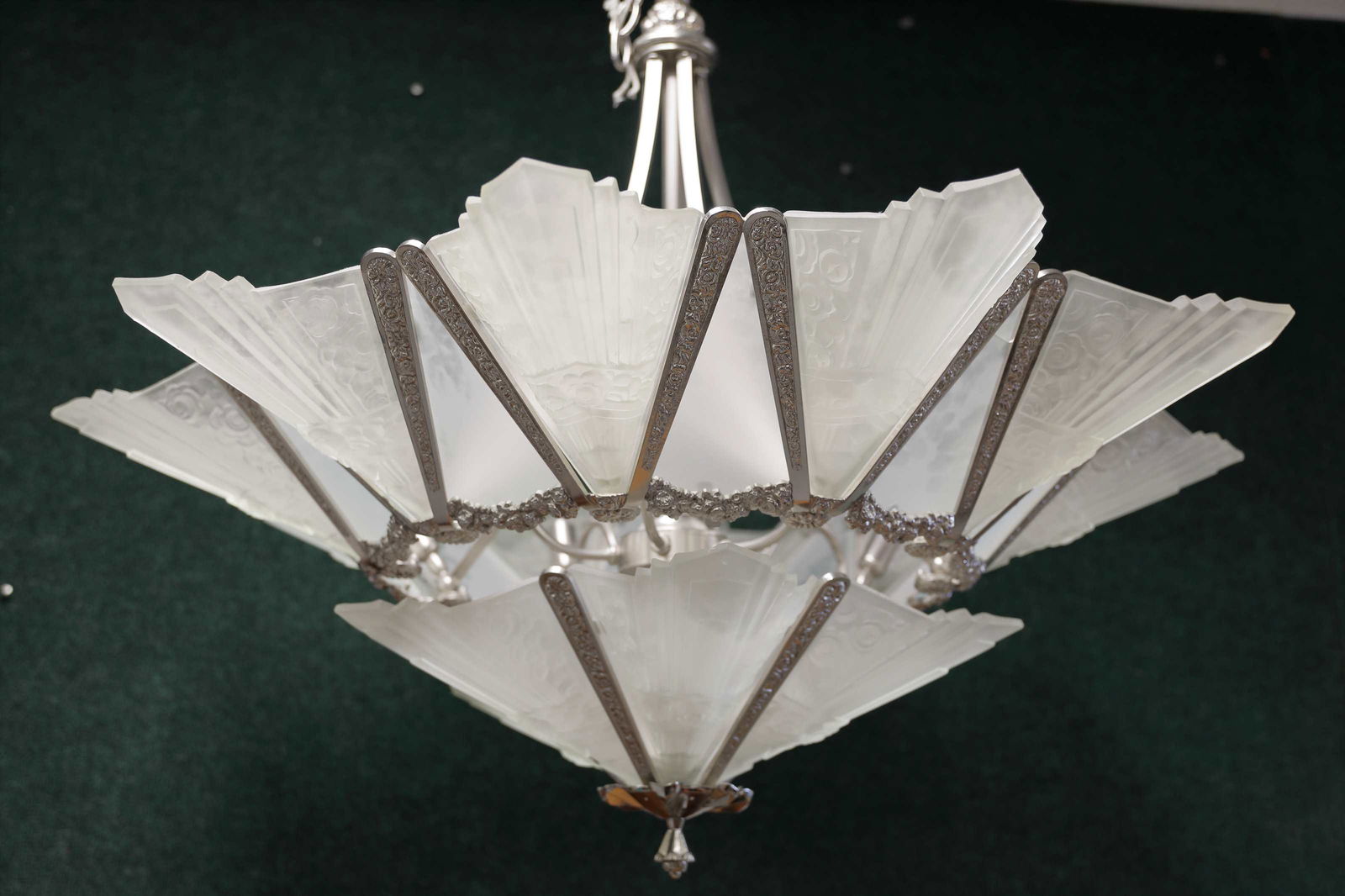 Lg 2-Tier French Art Deco Chrome Glass Chandelier (1 of 4)