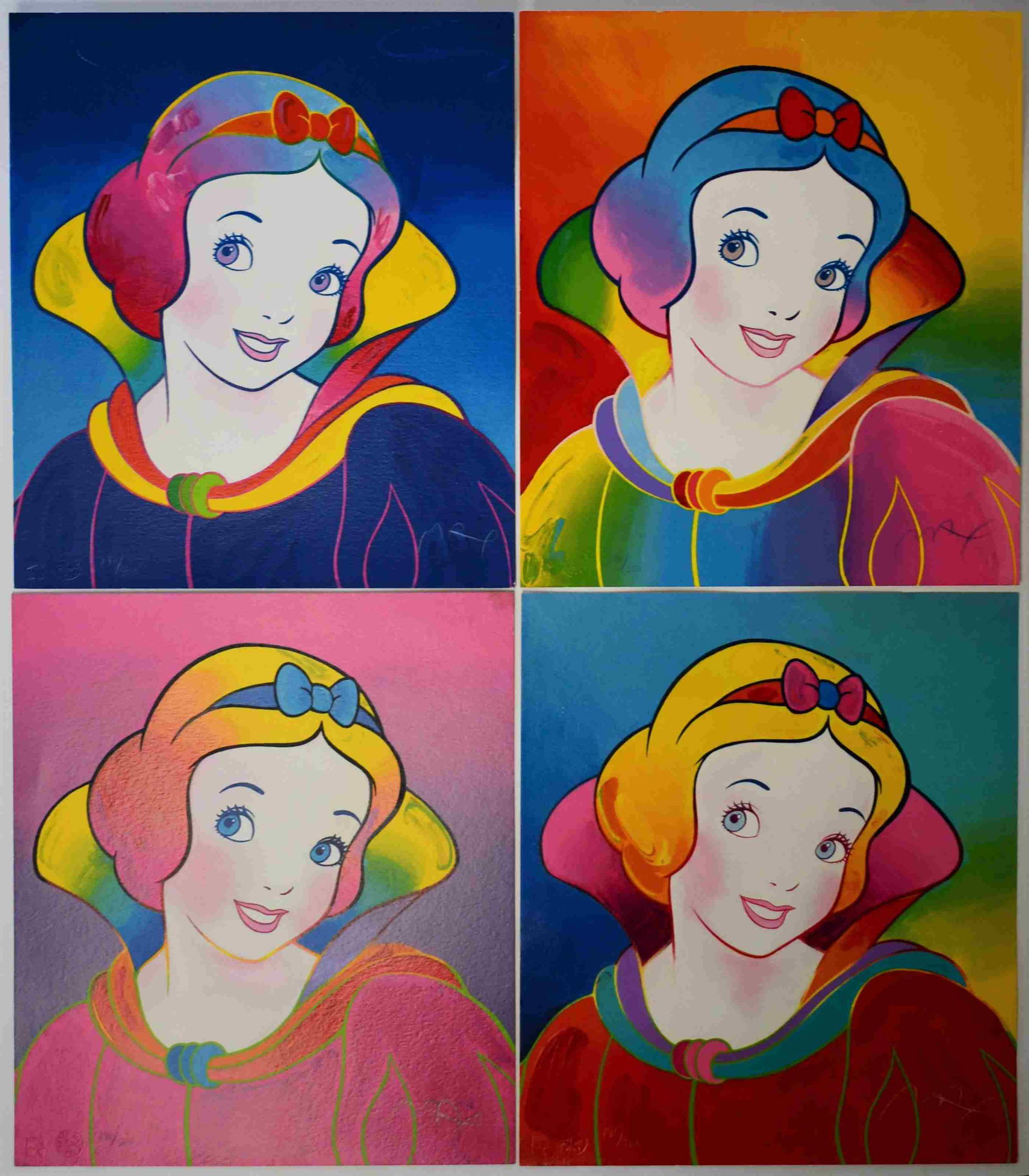 Peter Max signed Snow White Suite of 4 circa 1994: Peter Max "Snow White", Suite of (4) serigraphs signed "Max", numbered 190/50, with impresses seals, circa 1994. Unframed, one in excellent condition, one with a tear, two with a slight impression fro