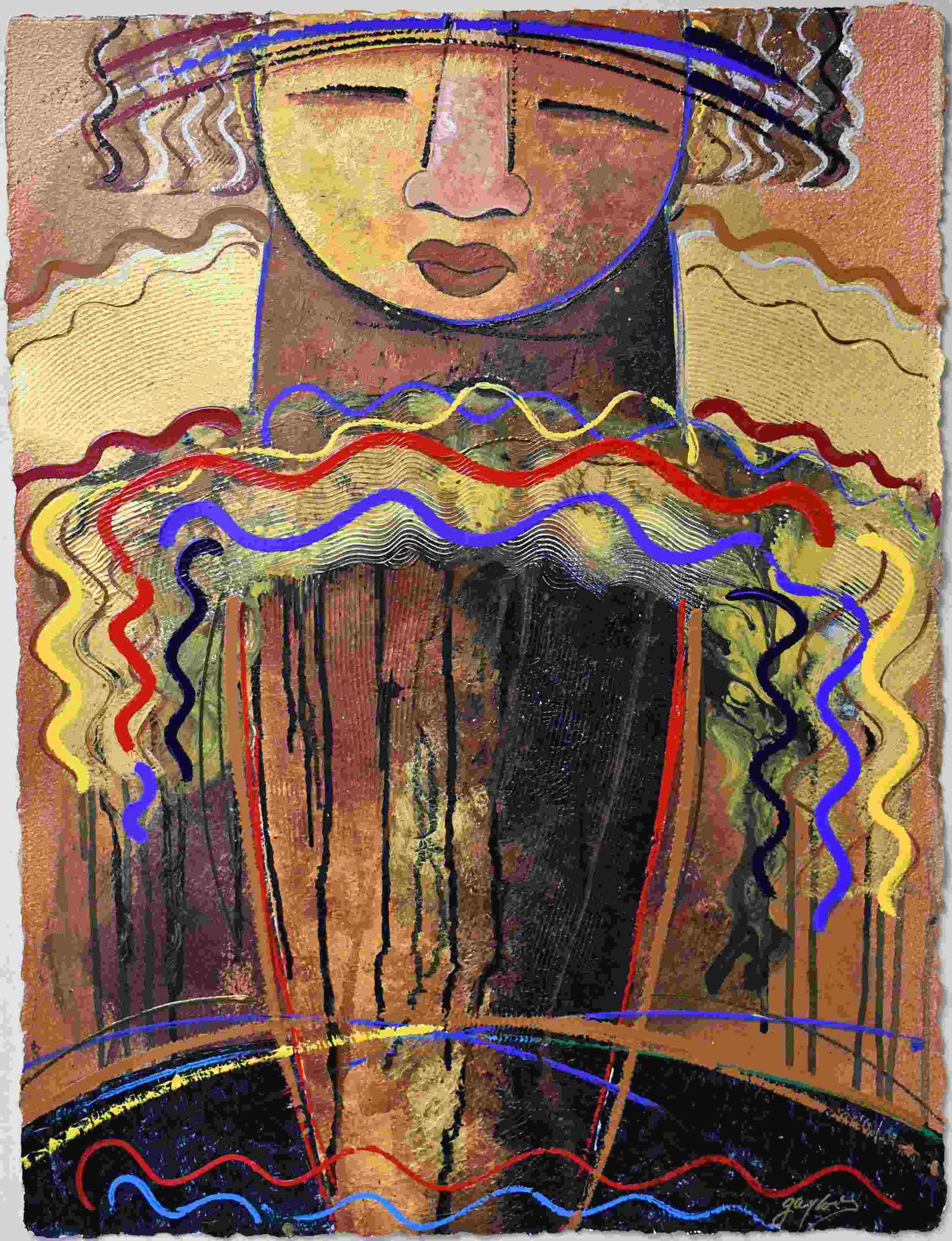 Gaylord Soli (American b1939)Cubist Male Painting: Gaylord Soli (American b1939) Phallic Cubist Modernist painting of a male figure on paper. Acrylic on paper signed "Gaylord". Excellent condition. Art measures 22.5" x 30". Frame measures 42" x 49.5".