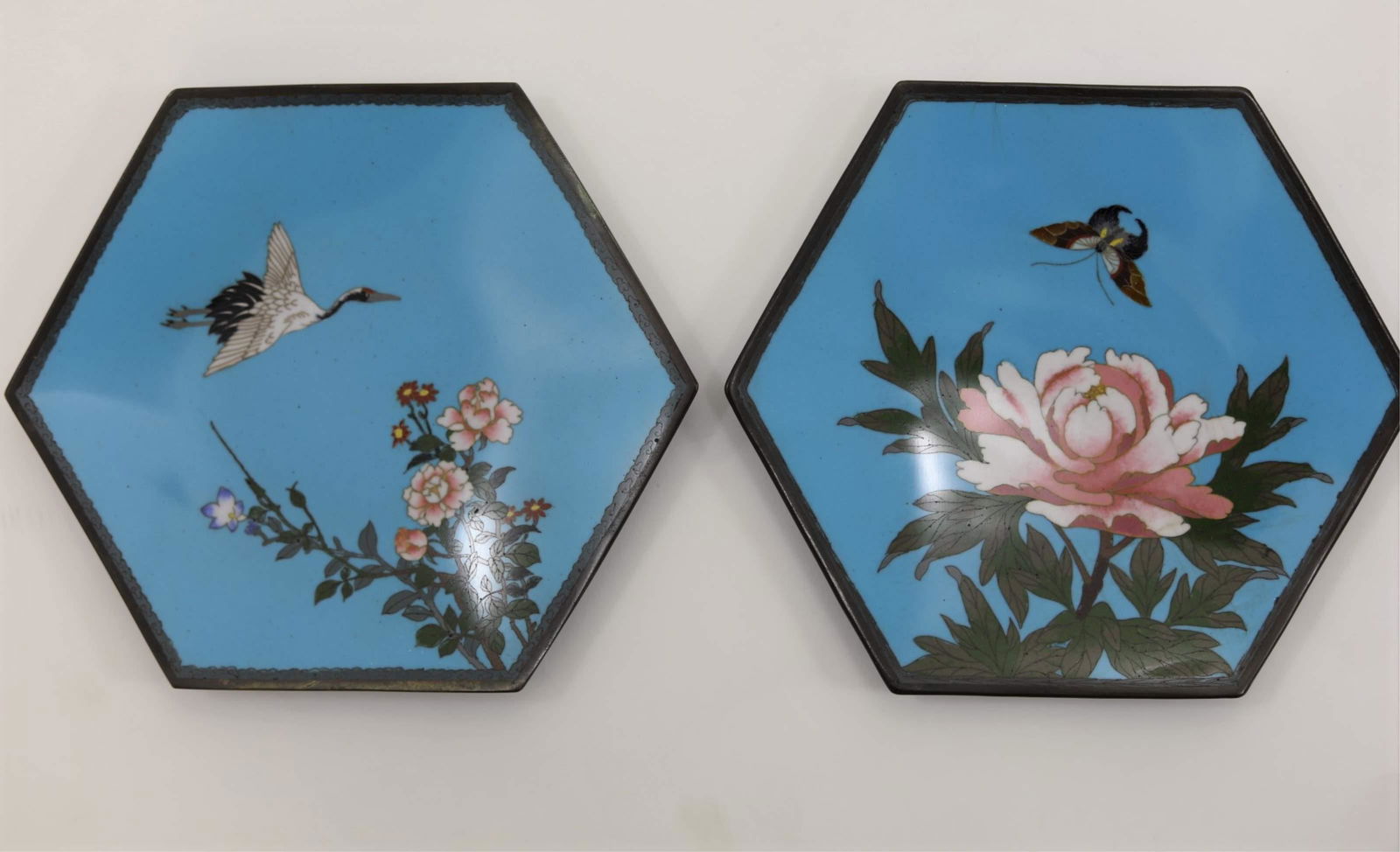 Pr Cloisonne Hexagonal Plates w Crane & Butterfly (1 of 4)