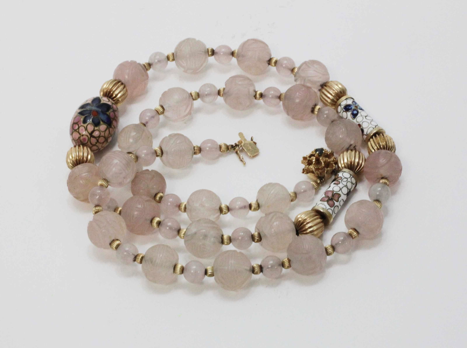 Chinese Rose Quartz, Cloisonne & 14k Gold Necklace (1 of 3)