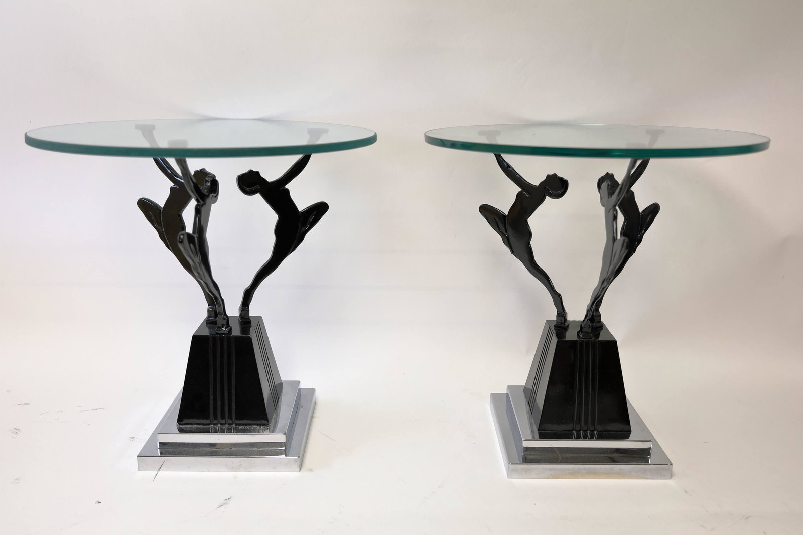 Pair Art Deco Painted Metal Glass Top Side Tables: Pair Art Deco Painted Metal Glass Top Side Tables. Excellent condition. Measures 20" dia x 20.5".