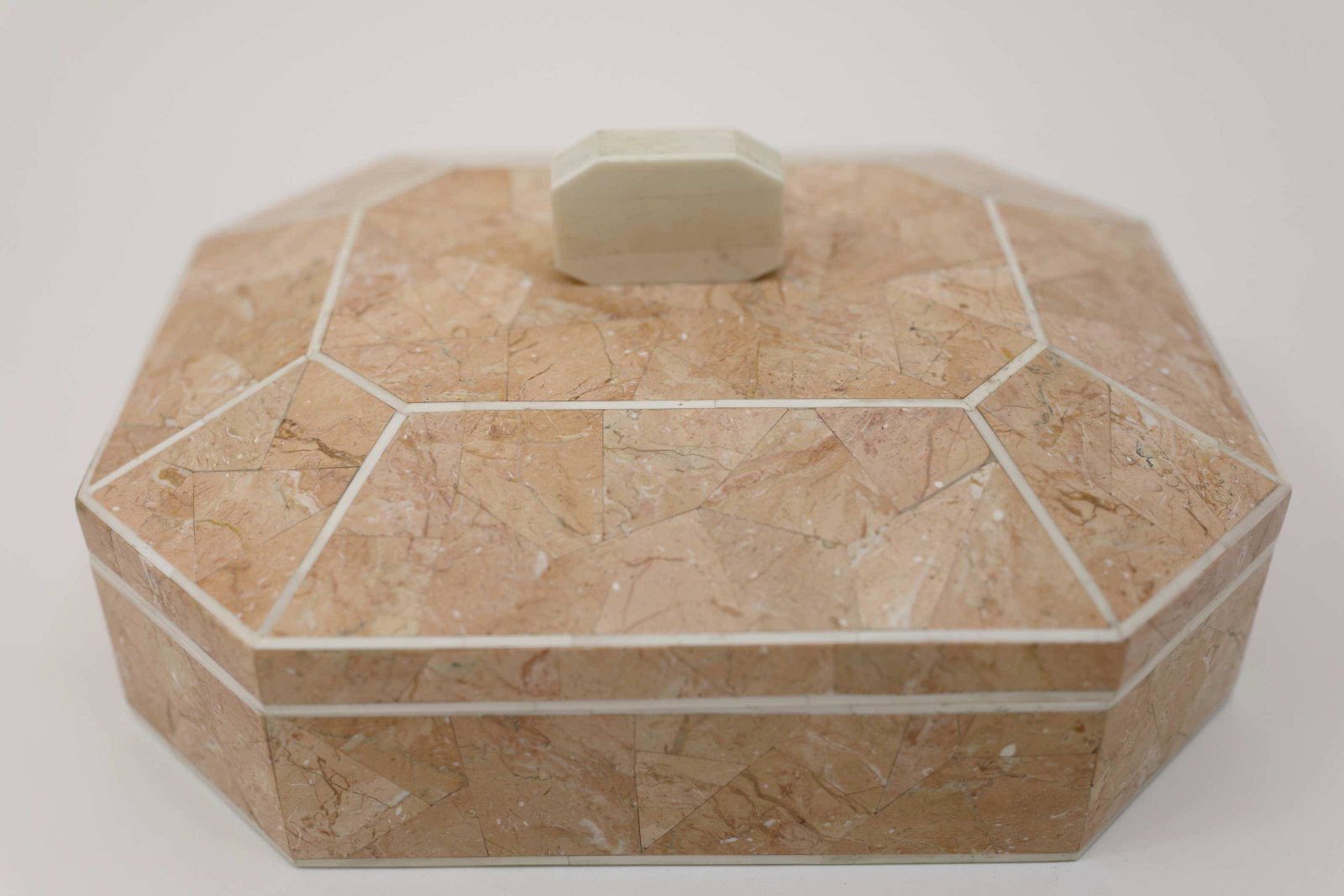 Maitland Smith Marble & Camel Bone Lidded Box: Maitland Smith marble and camel bone inlaid jewelry box. Hexagonal mahogany lined box with a polished stone finish. Excellent condition. Measures 14.25" x 10.25" x 7".