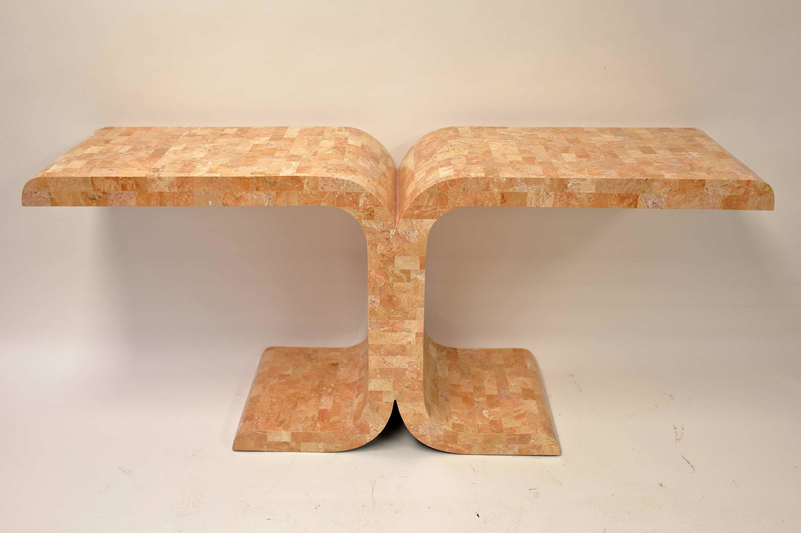 Maitland Smith Scrolled Marble & Brass Console: Maitland Smith scrolled console table. Marble and brass banded mirrored scrolls. Excellent / very good condition, see photos. Measures 60.5" x 15.5" x 27"