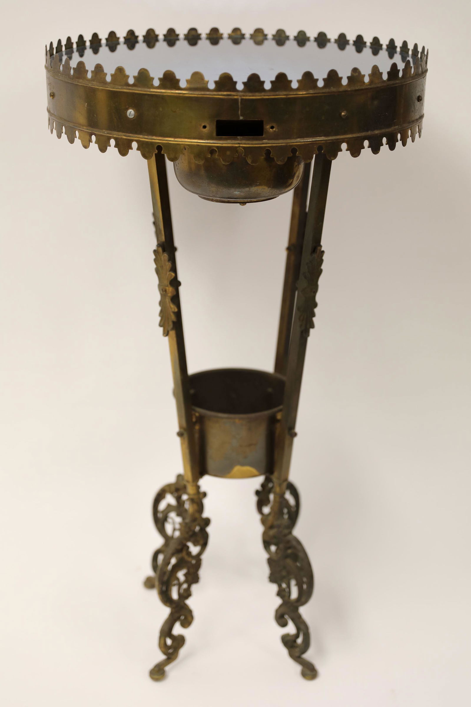 19c Brass Brothel Service Table w Hidden Tip Safe: Antique brass brothel bed side service / lamp table with a hidden tip safe and cache pot. Gallery top with later mirrored insert supported by four scrolled legs. Excellent condition, (loss of coin doo