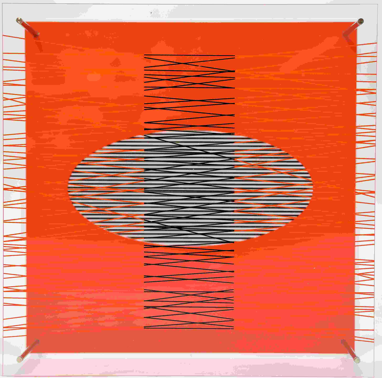 Jesus-Rafael Soto 'Ovalo en el Rojo' Optical Wall Art: Jesus-Rafael Soto (Venezuelan, June 5, 1923 – January 17, 2005) "Ovalo en el rojo", 1979. Multiple screen print in colors on clear plexiglass mounted over a white backing. Provenance: Gallery Obezzo