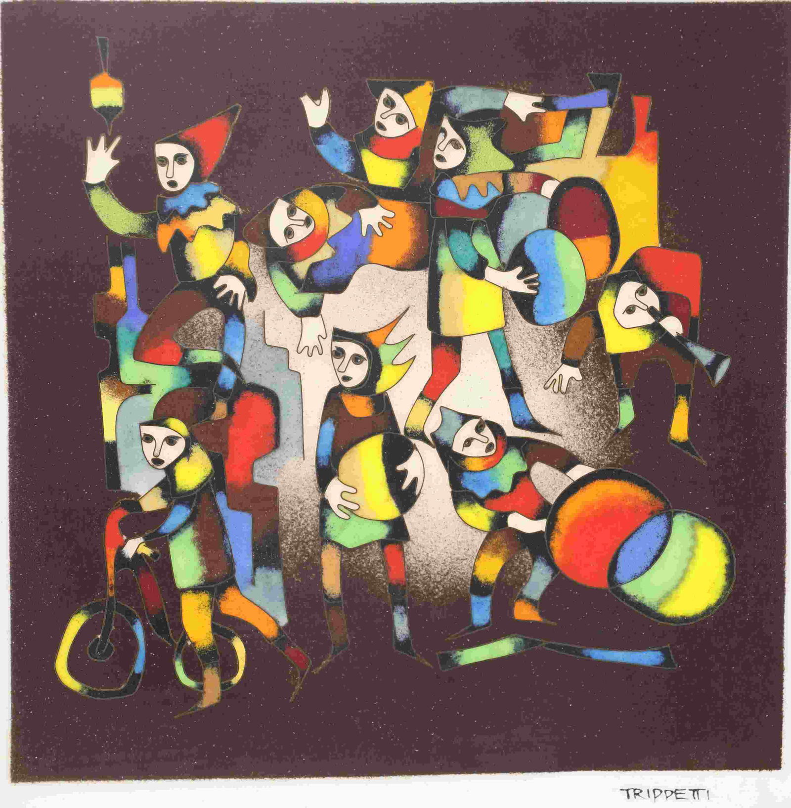 Joseph Trippetti (USA b1923), Cloisonne Art Panel: Joseph Trippetti (American b. 1923), Abstract silver wire cloisonne art panel. Limoges enamel on metal with abstract cubist figures, titled "Circus 122" and signed "Trippetti", Excellent condition. Ar