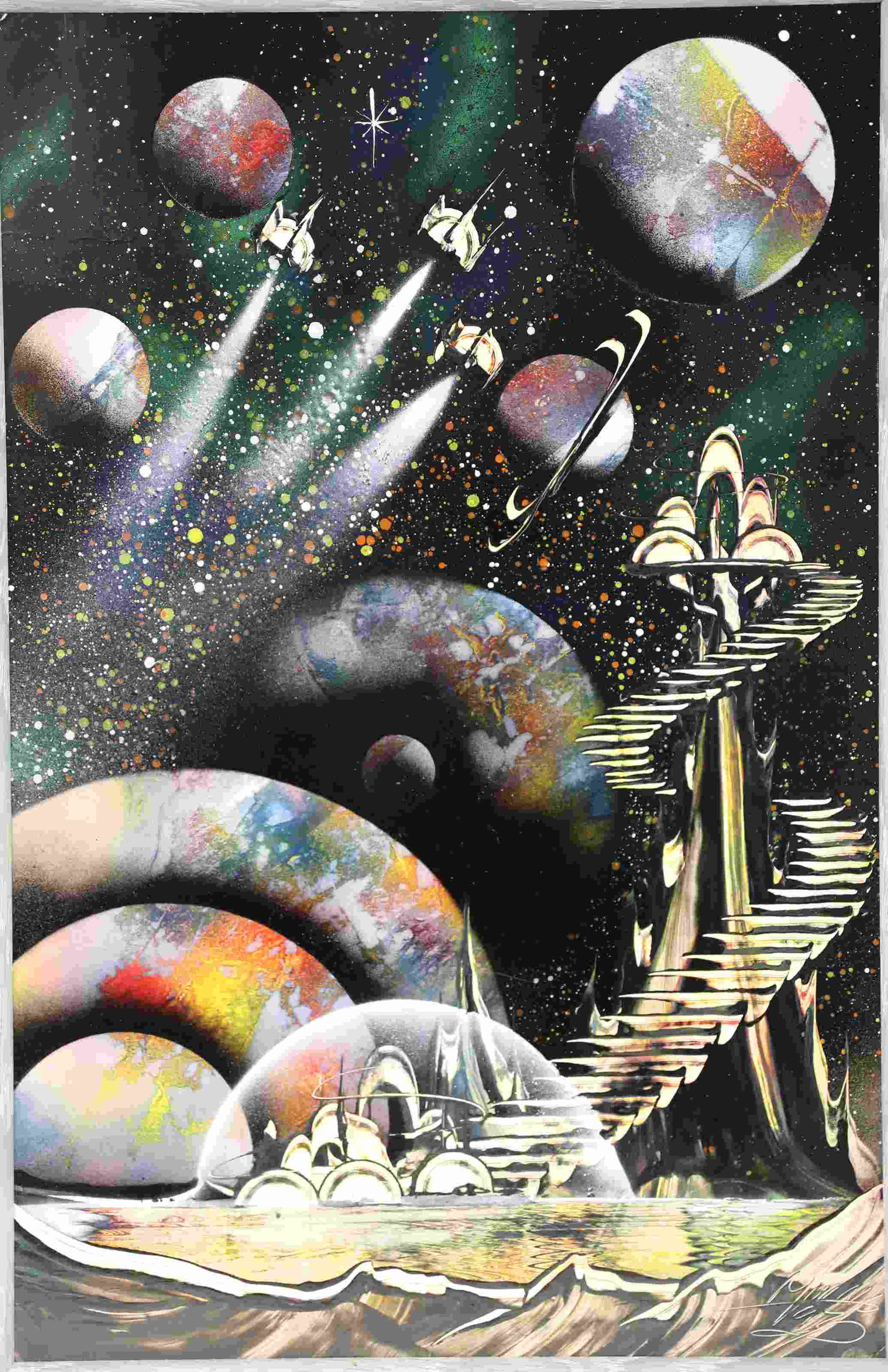 70's Cosmic Spray Art Interplanetary Space Travel: 1970's Spray Can Art painted on finished paper. Depicts interplanetary travel with a cosmic perspective. Art measures 16" x 24". frame measures 18" x 26".