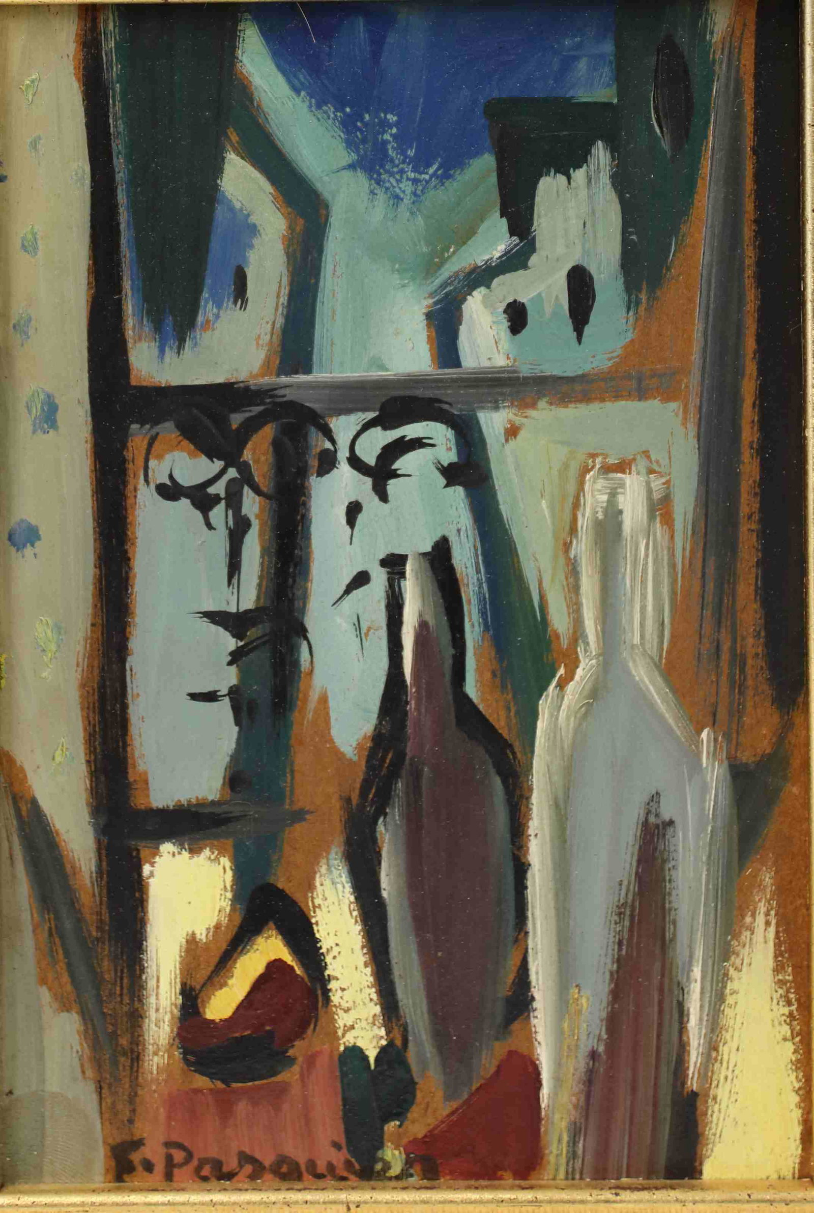 Francis Pasquier (French 1901-1969) Still Life: Francis Pasquier (French, 1901-1969) View from a table. Still life cubist impressionist oil painting on artist board. Signed by the artist. Art measures 4.5" x 6.5". Frame measures 11.5" x 13.5".