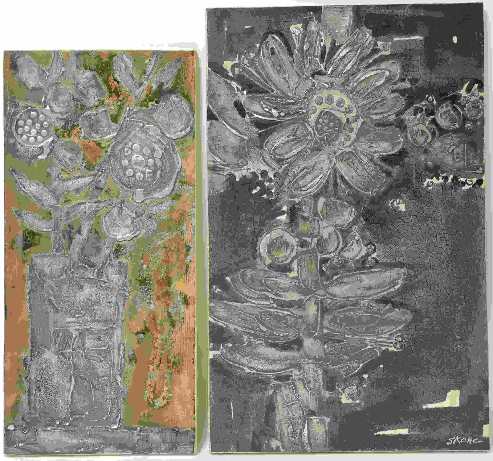 (2) Swedish Modern Ceramic Tiles, Floral Motif: (2) BÃ¶rje Skohg (Swedish, 1923â€“2006) Scandinavian art tiles with a floral motif on ceramic stoneware, signed Skohg. Excellent condition. Large tile measures 20.5" x 13.5", smaller tile measu