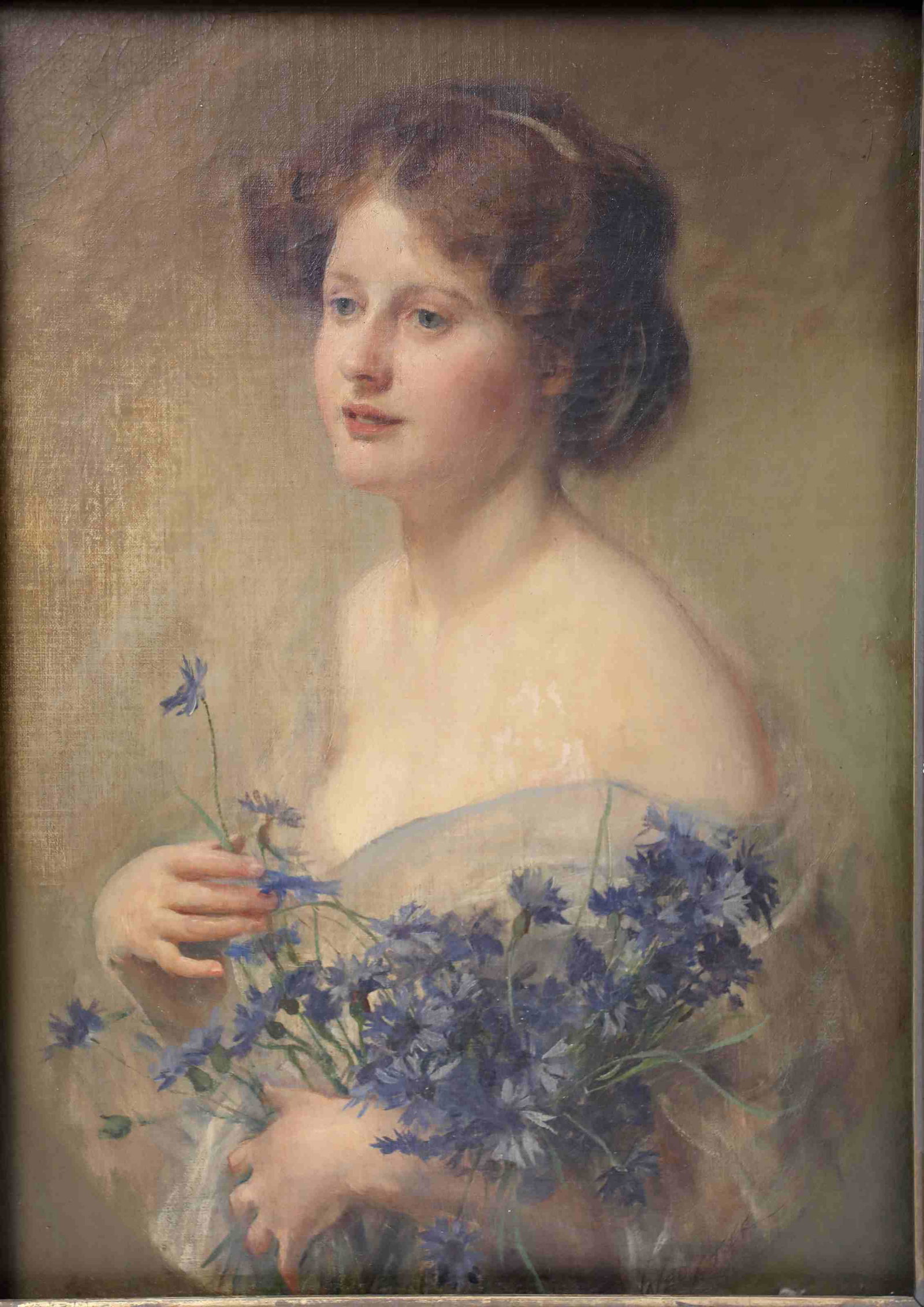 Antique Portrait Painting Young Woman sign Webster: Antique oil painting on canvas of a young woman. Portrait is signed "Webster". Art measures 17" x 22". Frame measures 23" x 29".