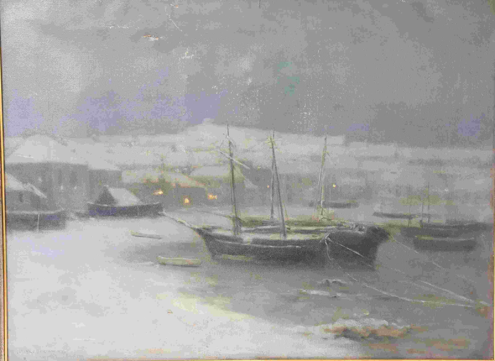 John Noble Barlow (1861-1917) Sail Boats at Night: John Noble Barlow (English, 1861-1917) Sail boats at night. Winter harbor scene of a fishing village. Good condition, (damage to canvas, paint loss in night sky). Frame measures 28" x 36". Art measure