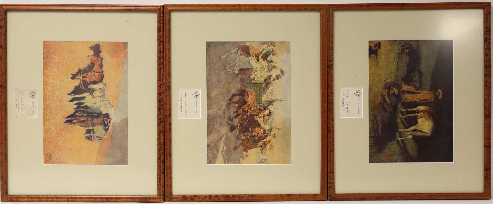3-Frederic Remington (USA 1861-1909)Lithos ca 1912: (3) Frederic Remington (American, 1861-1909) Artist proof lithographs dated 1912. (1) "Benighted for a Dry Camp" (2) "In from the Night Herd". "(3) "Bring Home the New Cook". All are matted with the o