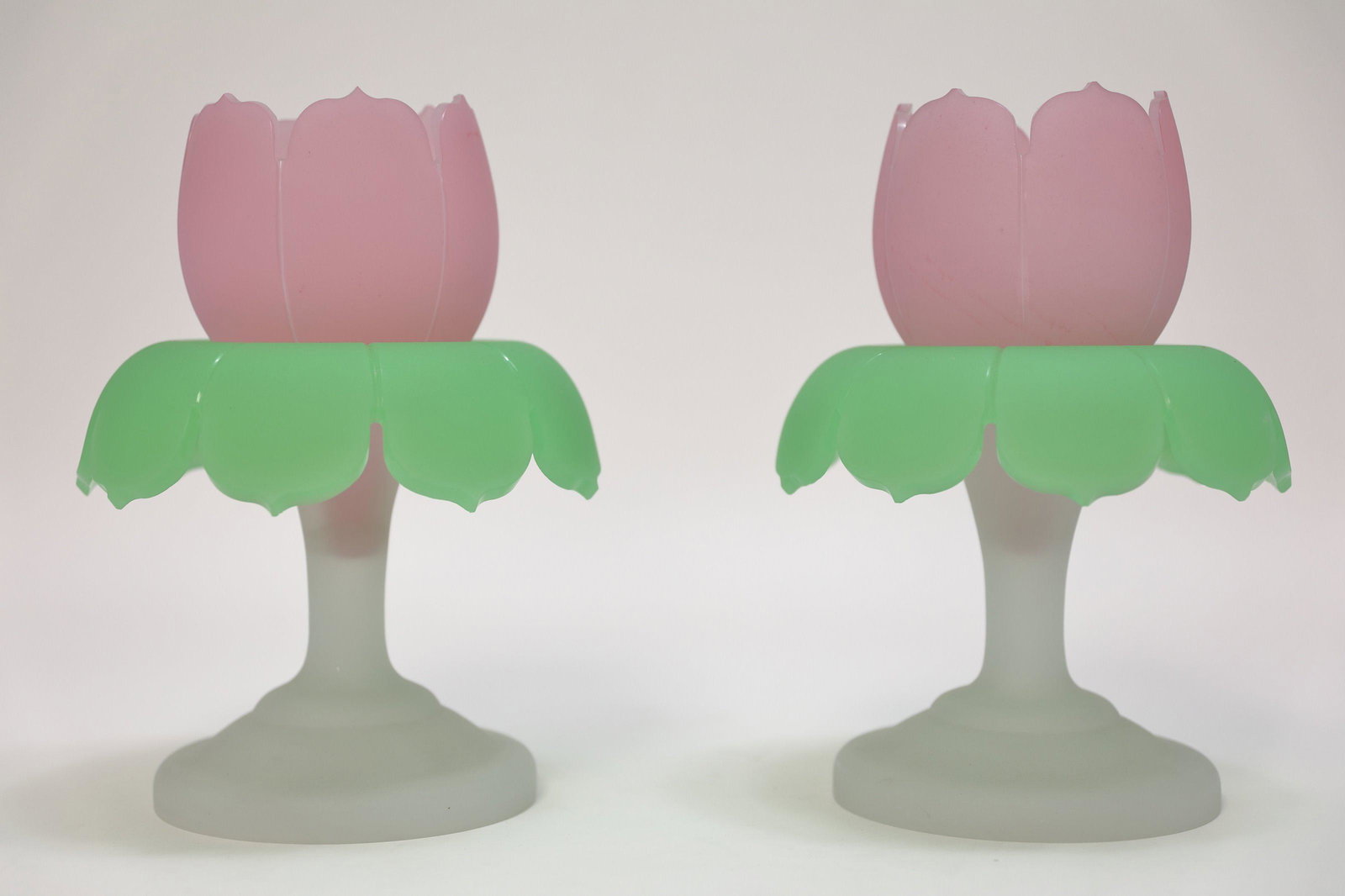 Pair French Opaline Glass Floral Garniture Vases: Pair of French opaline glass floral form garniture vases. Two part vases are hand blown with cut finished edges. Excellent condition. Measure 8" dia x 11".