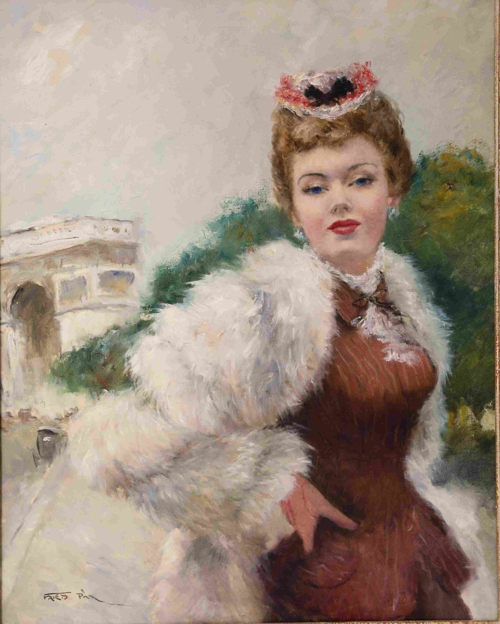 Pal Fried (1893-1976) Oil Painting Woman in Paris: Pal Fried (Hungarian American,1893-1976) Oil painting on canvas signed by the artist lower left. Painting of a young woman in Paris with the Champ de Elysees in the background. Excellent condition. Ar