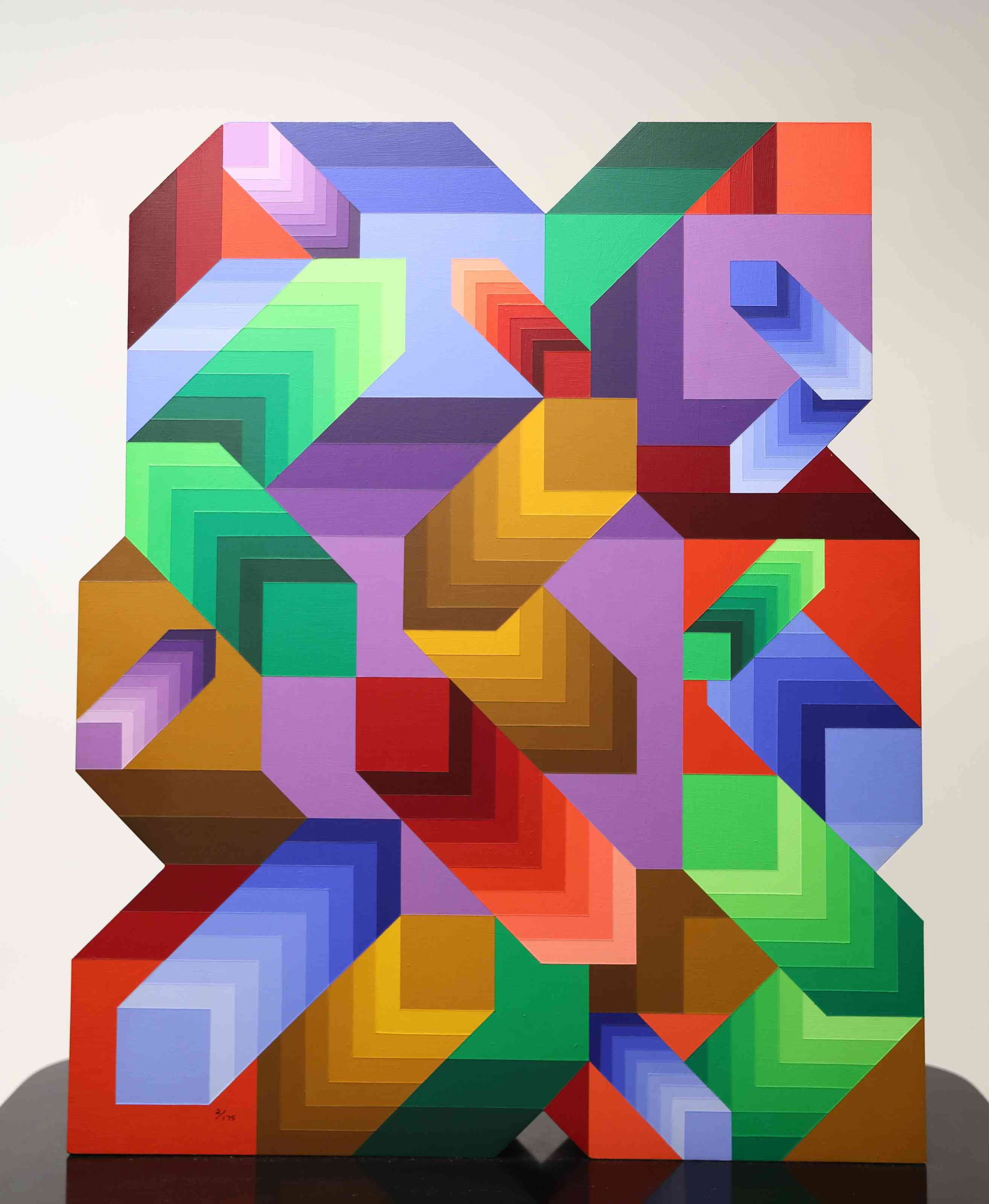 Victor Vasarely Hungary1908-1997 Sculpture"Malom": Victor Vasarely (Hungary,1908-1997) Acrylic painted wood sculpture circa 1990 titled "Malom" numbered 2/175. Excellent condition. Comes with a mica pedestal as pictured. Sculpture measures 21.25" x 3"