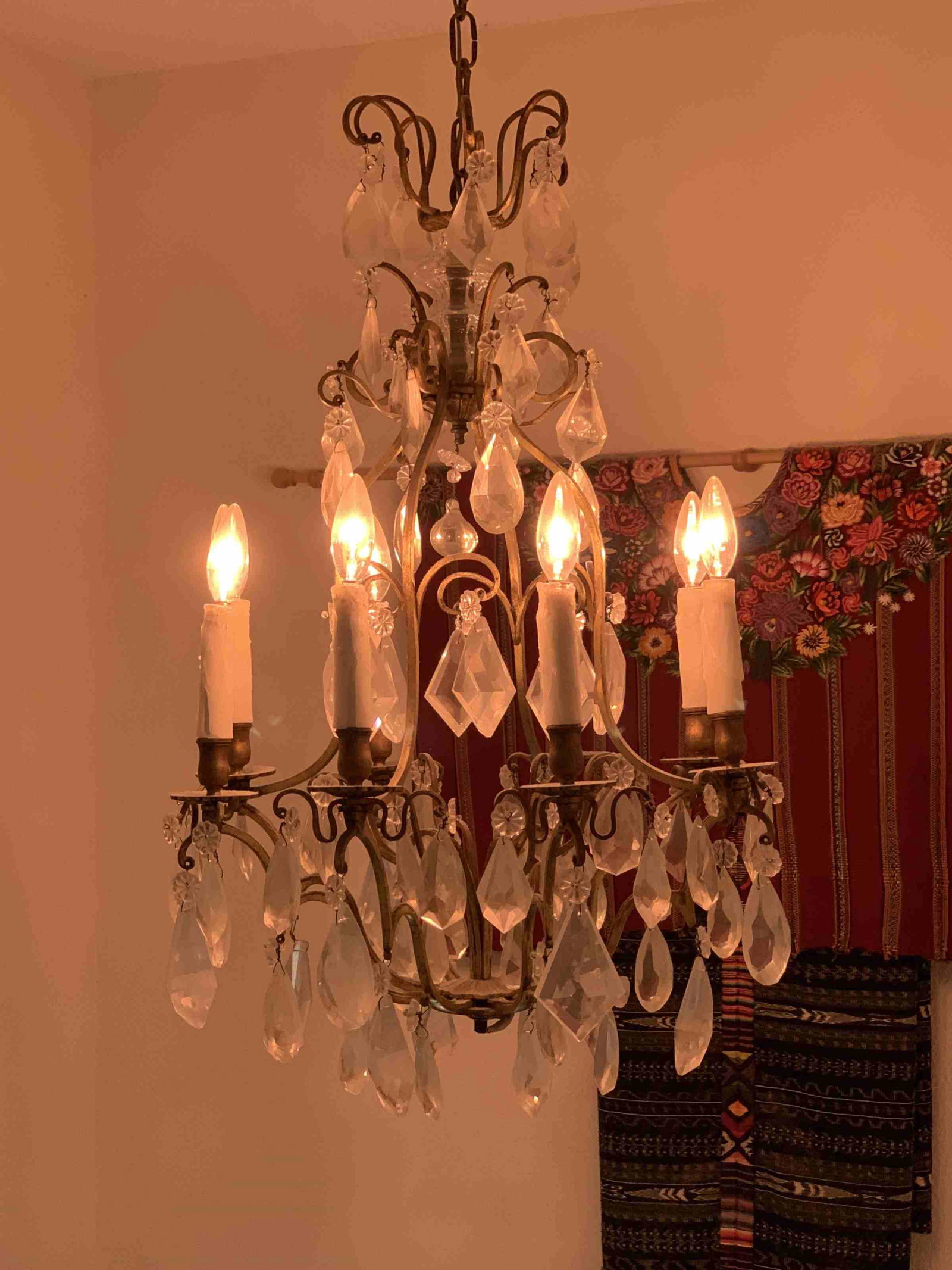 19c Brass & Crystal Chandelier: 19th century tiered brass and drop crystal chandelier. Crated and ready to be shipped. Excellent condition. Measures approx. 18" in diameter.