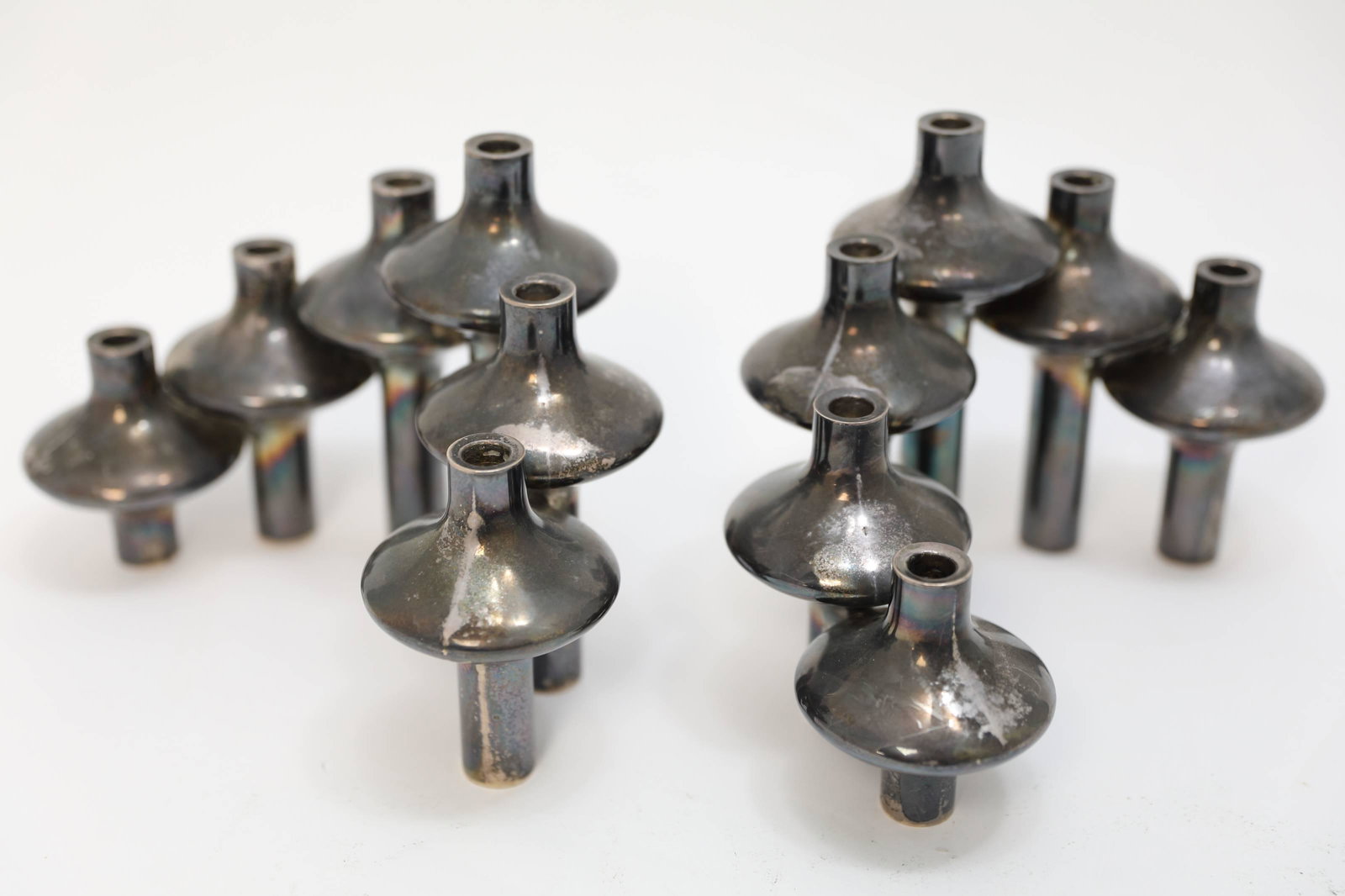 2-A Michelsen Danish Modern Sterling Candleholders: Pair A. Michelsen Danish Modern 6 light candle holders. Excellent condition. Measure 10" x 5" x 6.25. Sterling weight = 38 troy oz