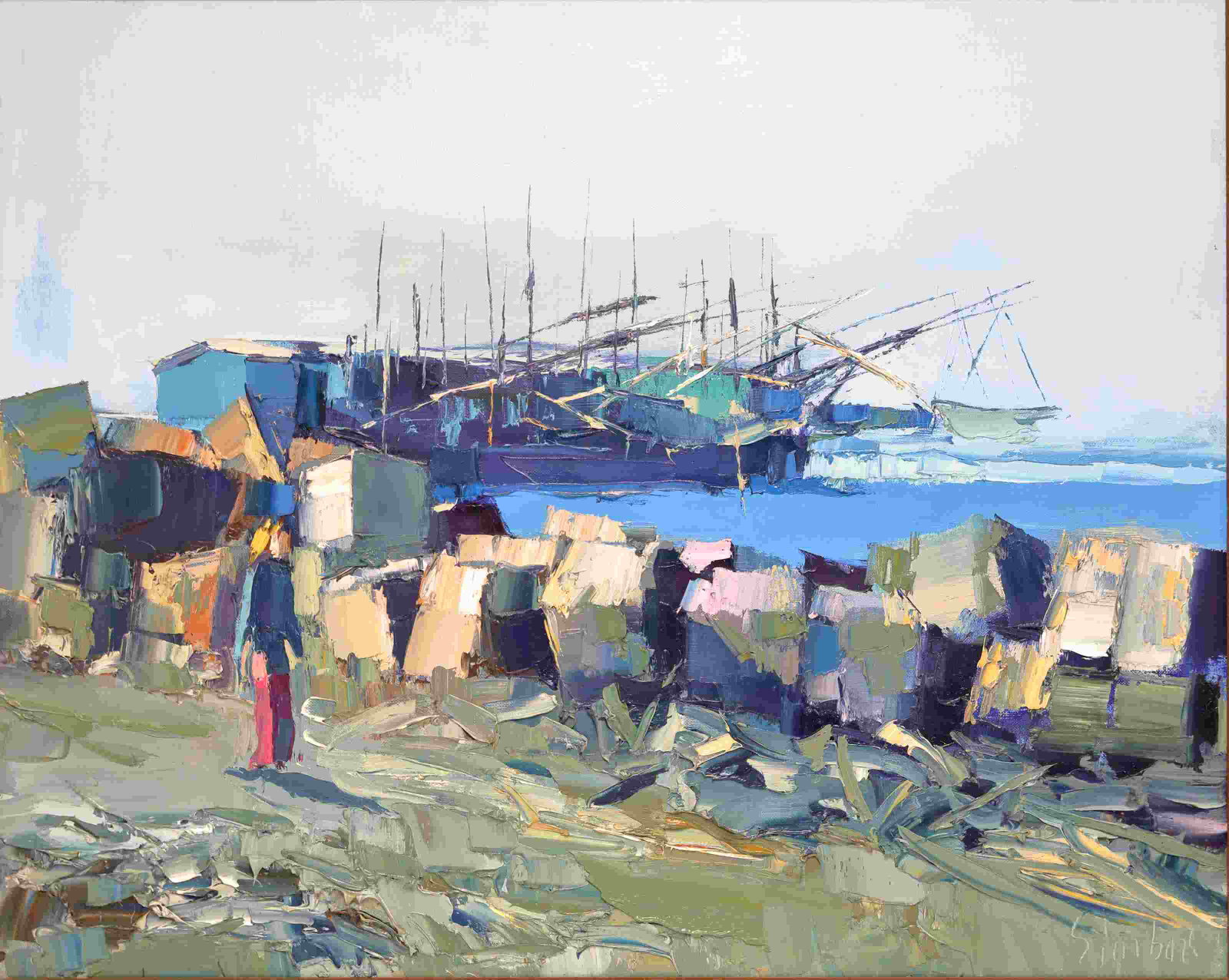 Nicola Simbari, (Italian, 1927-2012) Oil Painting: Nicola Simbari, (Italian, 1927-2012) Impressionist oil painting on canvas of a harbor scene with fishing boats. Walley Findlay Gallery label en verso. Excellent condition. Art measures 31.5" x 25" Fra