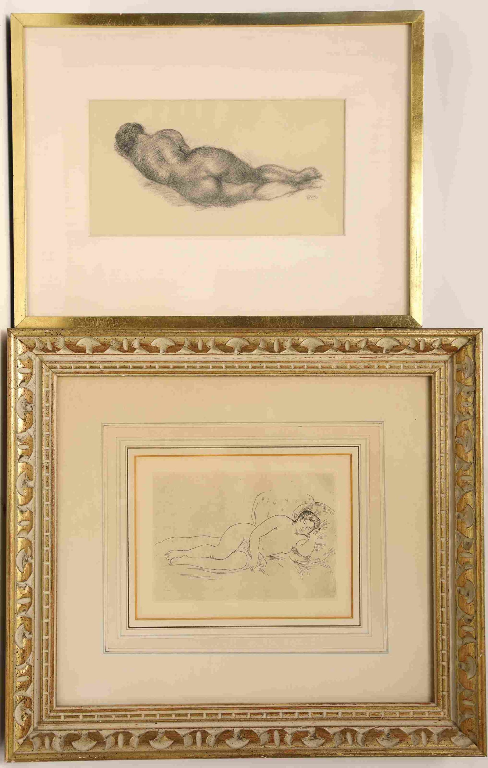 (2) Renoir & Aristide Maillol Nude Engravings: Pierre-Auguste Renoir etching titled â€œReclining Nude” or â€œFemme nue couchÃ©” (c. 1906) unsigned. Excellent condition. Measures 9" x 6.5". frame measures 19.5" x 17". Aristide