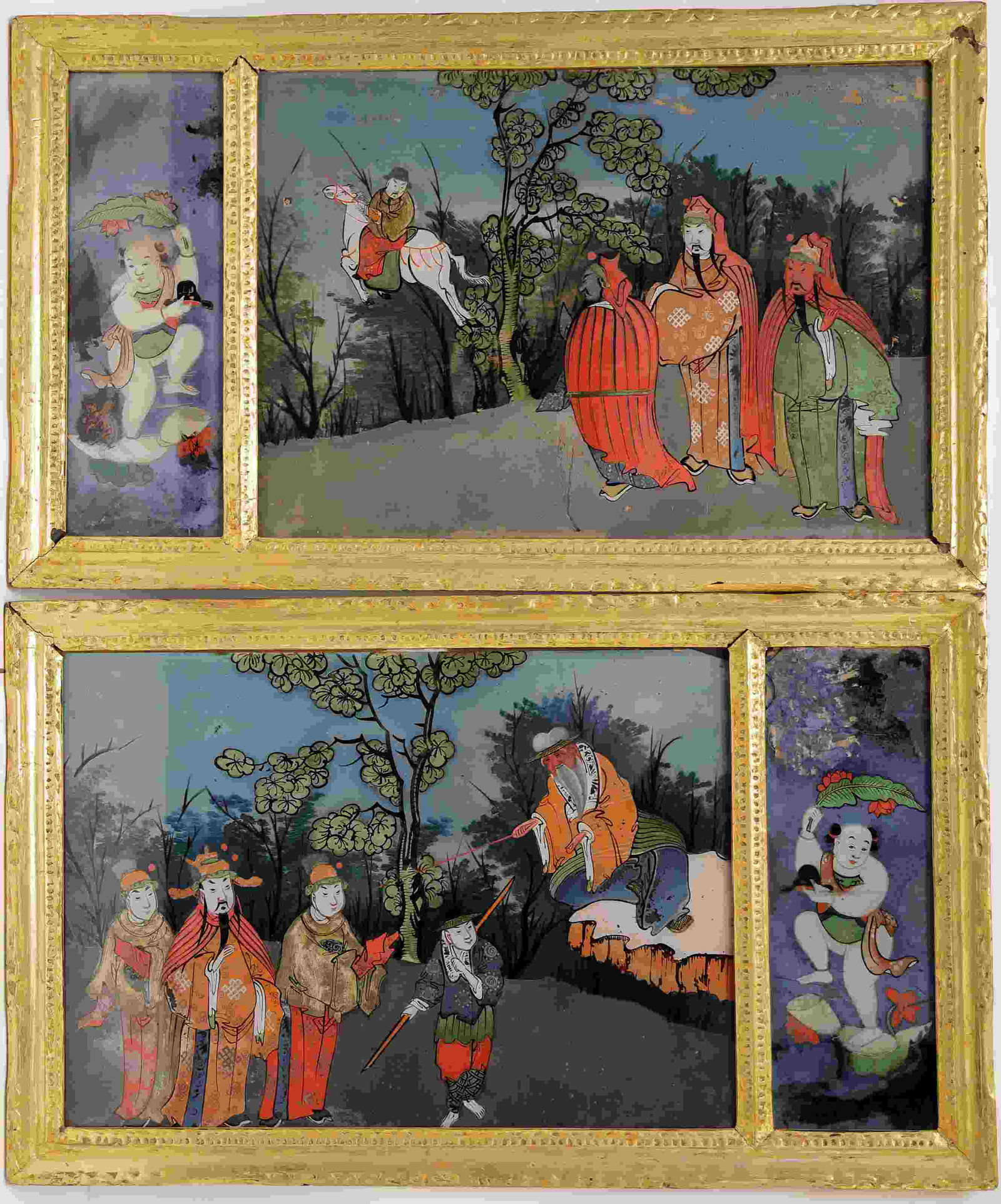 2- Oriental Reverse Painted Court Yard 2 Panel (1 of 2)