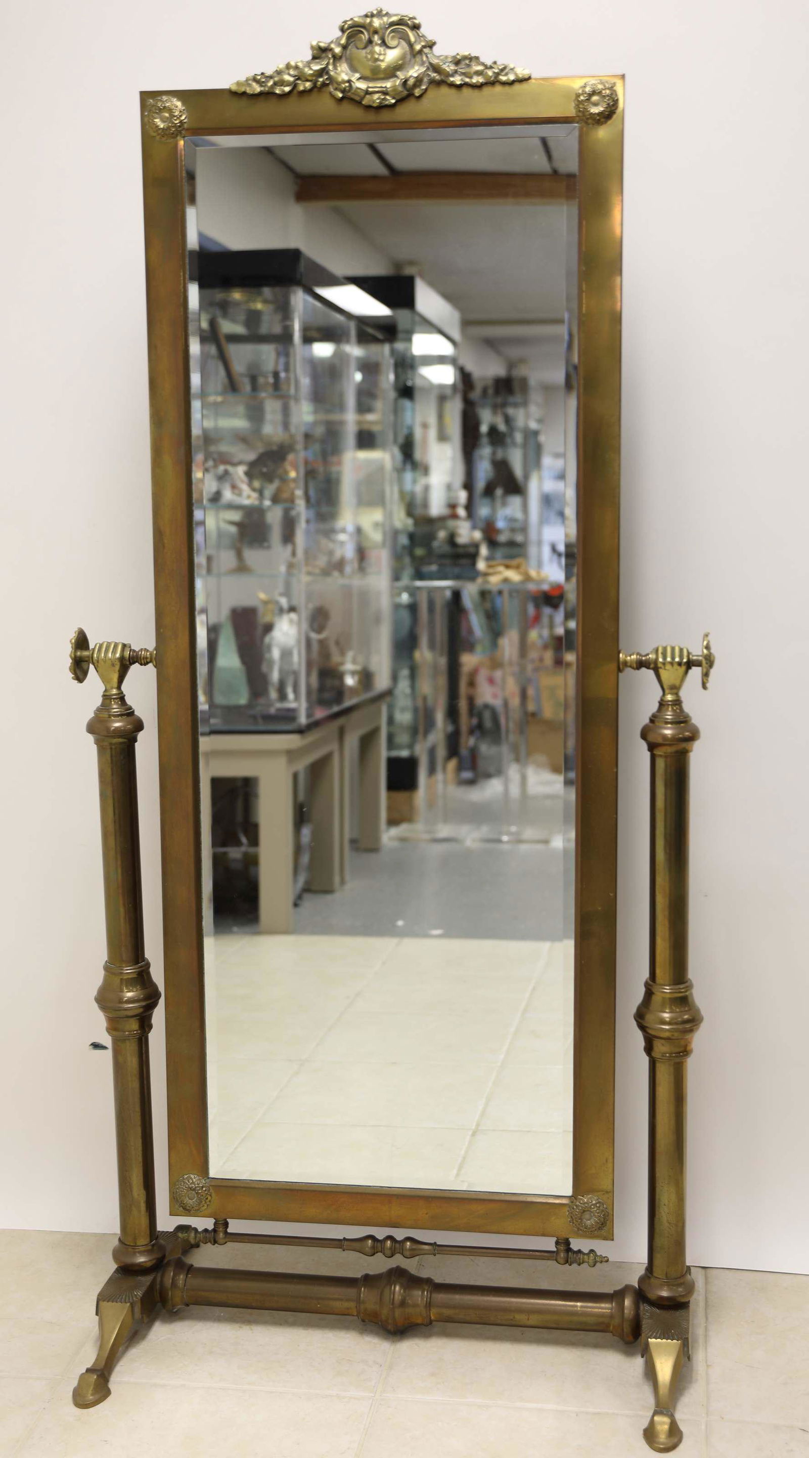 19c Cheval Floor Mirror Brass Frame Figural Detail (1 of 7)