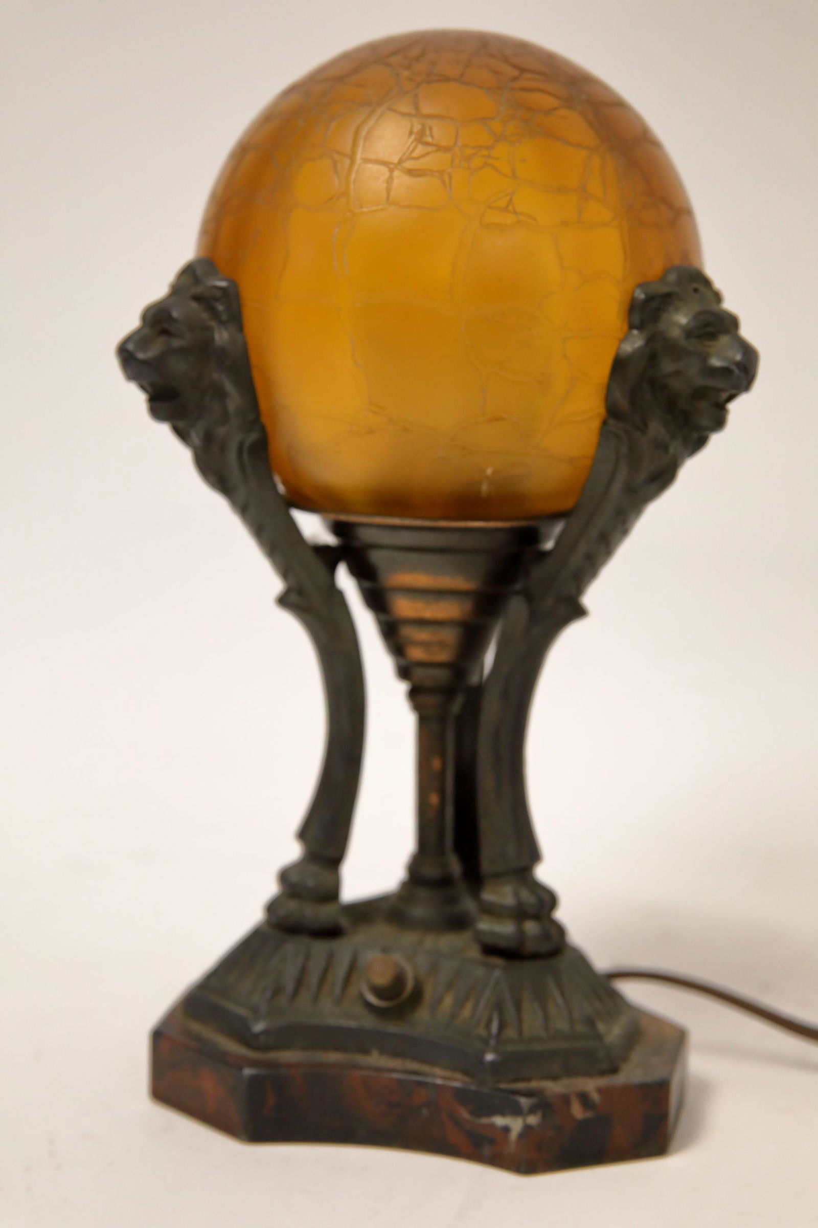 Art Deco Table Lamp w Lions, Spherical Glass Shade (1 of 3)