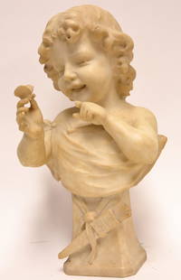 Guglielmo Pugi Italy 1870-1915 Marble Sculpture: Guglielmo Pugi (Italy 1870-1915) White marble sculpture of a child playing with a butterfly. Signed en verso. Excellent / very good condition. Loss of index finger, small chip butterfly wing repair at