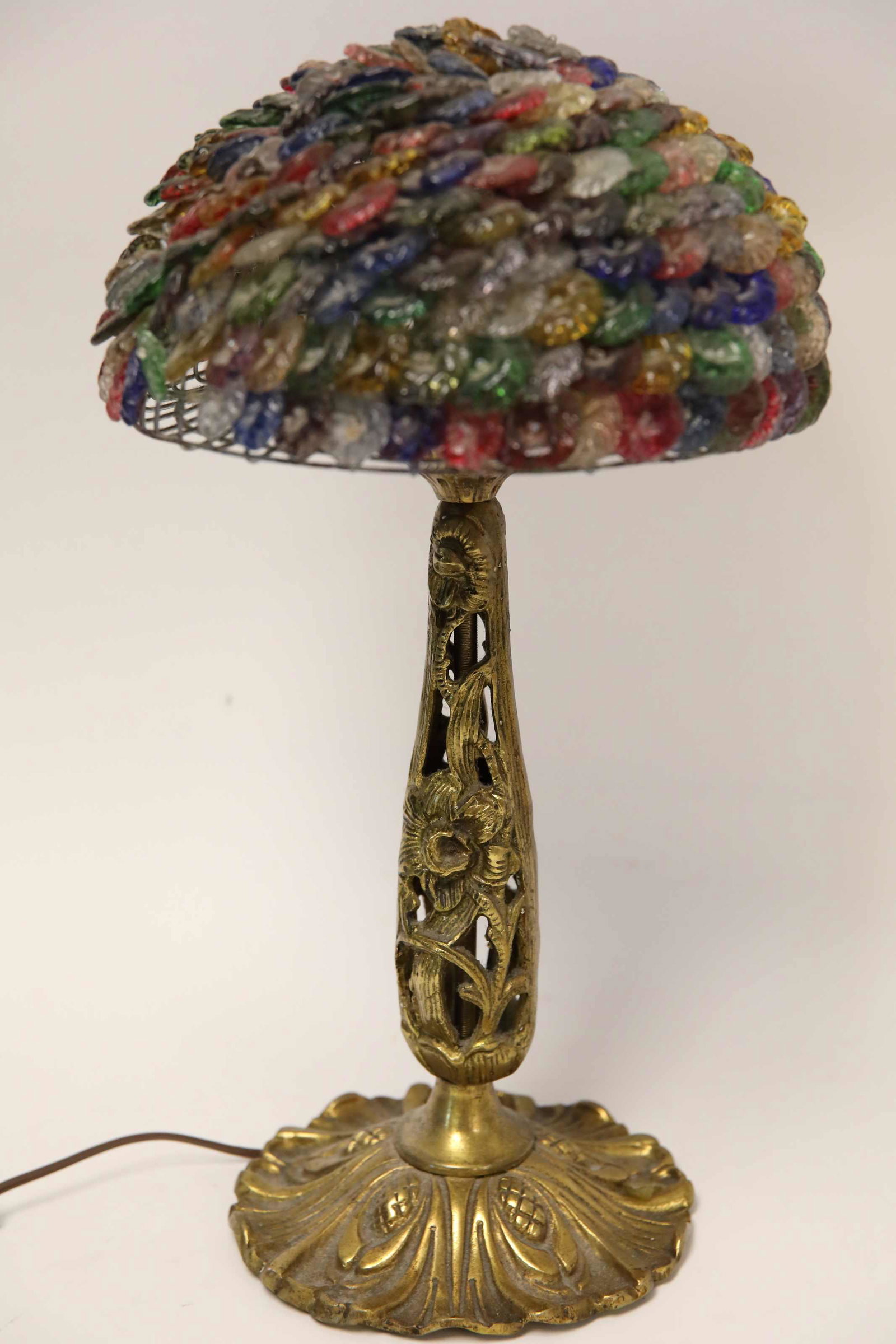 Regency Style Brass Table Lamp Jeweled Glass Shade (1 of 3)