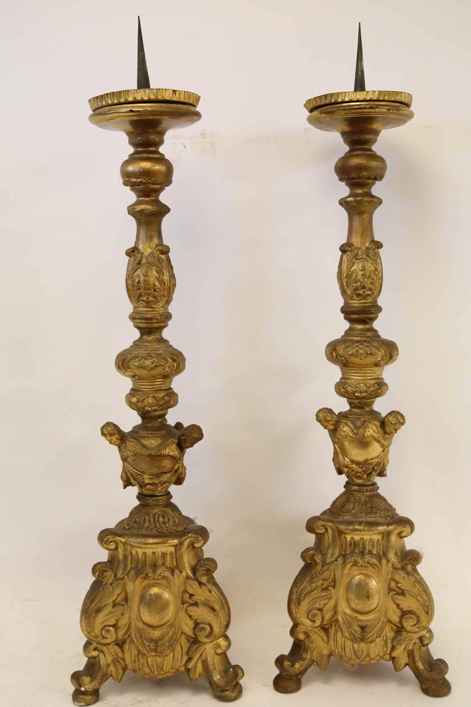 Pr 18c Tall Gilt Wood Baroque Prickets w Cherubs (1 of 5)