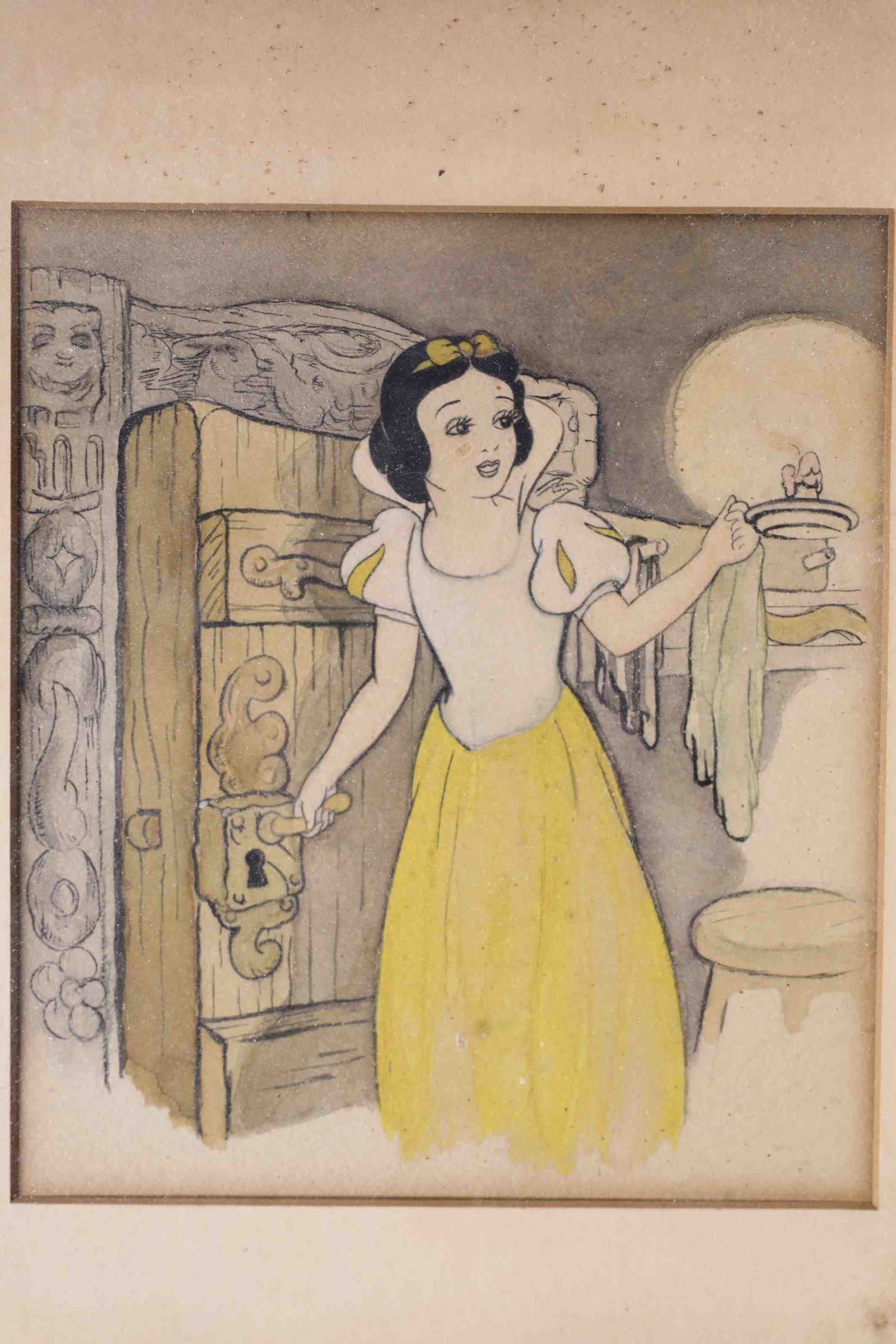 1930's Snow White Concept Art Water Color Painting: Disney's Snow White and the Seven Dwarfs concept art water color painting. Excellent Condition. Art measures 7" x 8". Frame measures 12" x 13".