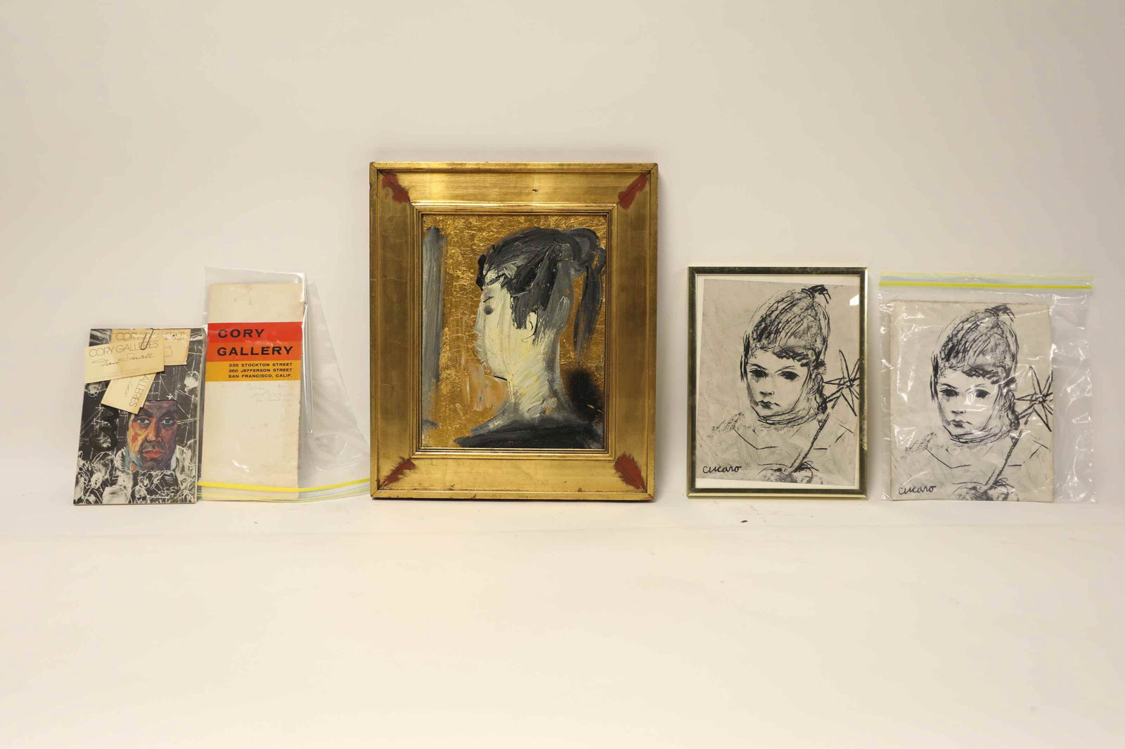 Pascal Cucaro (American 1915-2004) Oil on Masonite: Pascal Cucaro (American, 1915-2004) Oil on Masonite and 10 promotional prints of "Angelique, Child of Peace", one framed circa 1977; includes Cory Gallery pamphlet and Curaco booklet with gallery busi