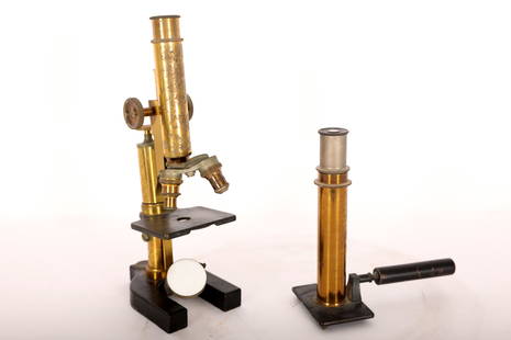 (2) Antique Bausch & Lomb Brass Microscopes: (2) Antique Bausch & Lomb Brass Microscopes, one with two lenses and one single lens. Double Lens has series 1 2/3 and Series 1 1/6. Single lens includes handle. Both marked "Bausch & Lomb