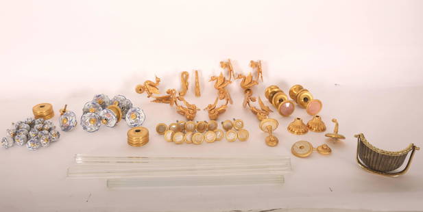 Regency Style Door& Bathroom Hardware, Bronze Dore: (2) Sets of unused door and bathroom hardware with bronze dore mounts, porcelain and rose quartz. First box consists of matching 16 porcelain dummy knobs and 8 porcelain knobs with 10 bronze dore