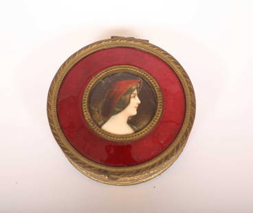 Antique Dresser Box Patinated w Painted Portrait: Antique patinated bronze dresser box with painted portrait. Features a bas relief of a floral motif on the sides and a velvet interior. The female portrait is in profile and she wears a hat.