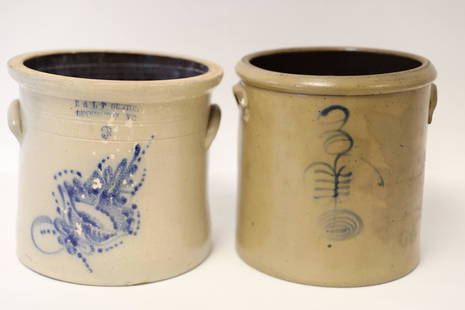 (2) Antique Stoneware Crocks w Cobalt Blue: (2) Antique Stoneware Crocks decorated with cobalt blue details. (1) E & LP Norton Bennington, VT stamped stoneware crock decorated with floral motif. Excellent/ very good condition with minor glaze