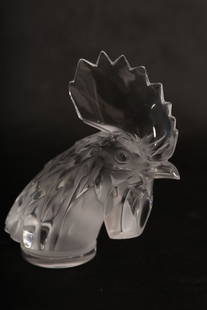 Lalique France Crystal "Tête de Coq" (Cock's Head): Lalique France Crystal "Tête de Coq" (Cock's Head), originally released in 1928. Mostly clear glass with striking frosted comb. Signed "Lalique France" on bottom of base and includes sticker that