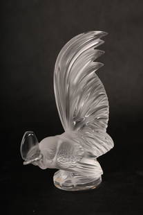 Lalique France Crystal "Coq Nain" (Small Cock): Lalique France Crystal "Coq Nain" (Small Cock), originally introduced in 1928. Mostly frosted glass, the rooster's plumage extends towards the sky. Signed "Lalique France" on back of base and bottom