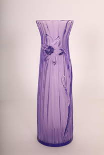 Lalique France Purple Crystal "Jonquille" Vase: Lalique France frosted purple crystal "Jonquille" daffodil tall vase with bas relief of daffodil and pinched top. Signed "Lalique France" on bottom of base. Excellent condition. Measures 3.25"dia