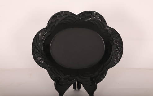 Lalique France Black Basalt Oval Crystal Plate: Lalique France black basalt oval crystal plate with matte finish on center of plate and feathered border. Signed "Lalique France" on bottom. Excellent condition. Measures 11" x 9" x 1.25".