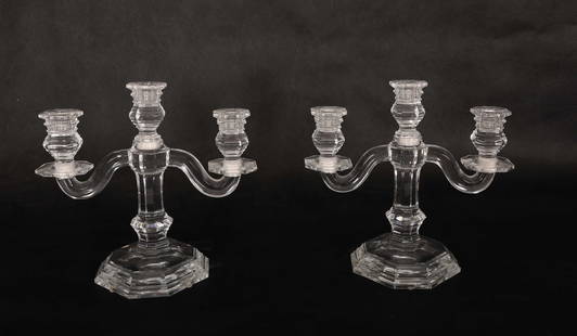 Pr. 3 Tiered Baccarat France Crystal Candelabras: Pair of three tiered Baccarat France crystal candelabras with geometric cut. Bases are sectioned off into an irregular octagon which is reflected in the head and branches. Bottom of bases are signed
