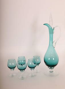 Vintage Venetian Claret Set (5)Glasses (1)Decanter: Vintage Venetian claret set with (5) glasses and (1) decanter with spiral bases and handle. Decanter has elongated neck and teardrop shaped stopper and frosted base. Excellent condition (one glass