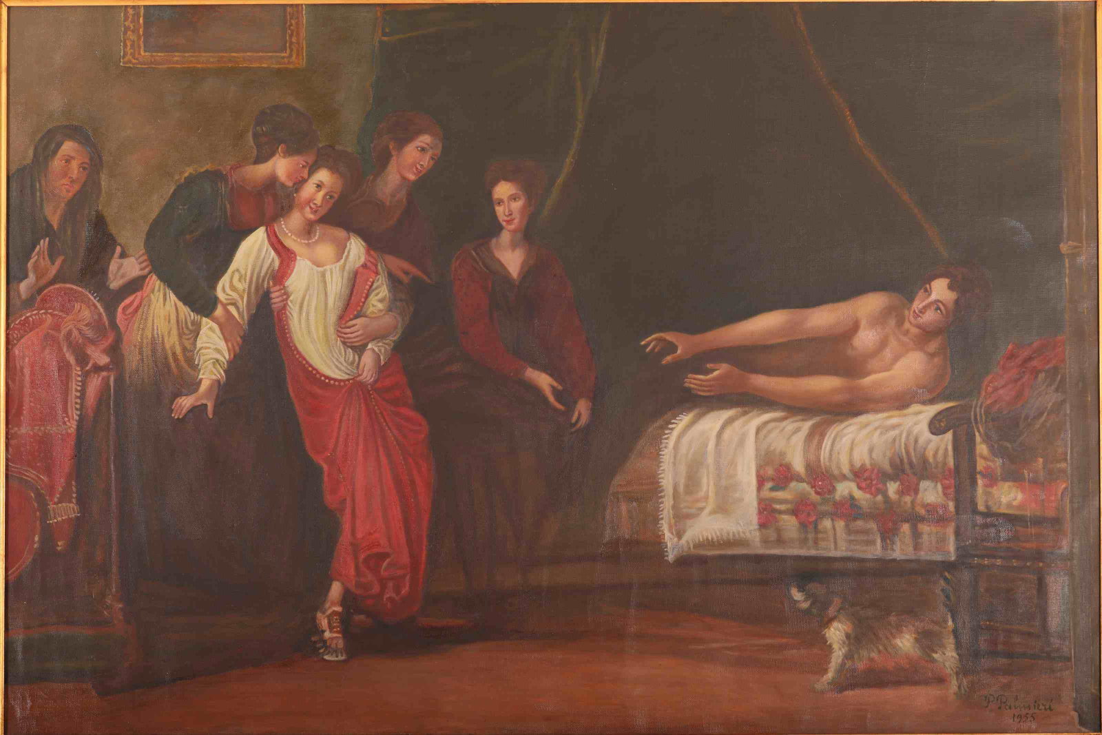 Aft. Manozzi Giovanni "The Wedding Night" Painting: Vintage After Manozzi Giovanni (Italian, 1592-1636) "The Wedding Night" painting, oil on canvas 1955. Painted by P. Palmieri of Giovanni da S. Giovanni's Baroque "First Night of Marriage" depicting nu