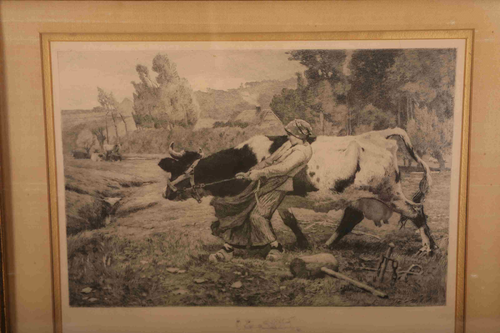 Victorian Steel Engraving of Woman Wrangling a Cow (1 of 10)