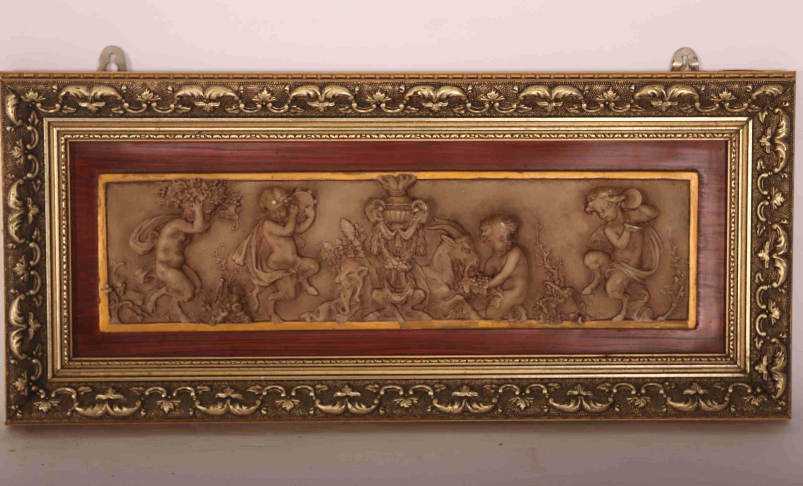 18th C Italian Terracotta Bas Relief of Satyrs: 18th century Italian terracotta Bas Relief of cherub like satyrs with Bacchus in goat form. Satyrs dance in revelry with instruments as one attends to the bacchanalian goat with scepter and goat foote